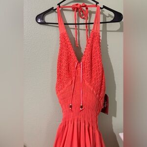 Coral orange flowy summer dress. 100% cotton S/M